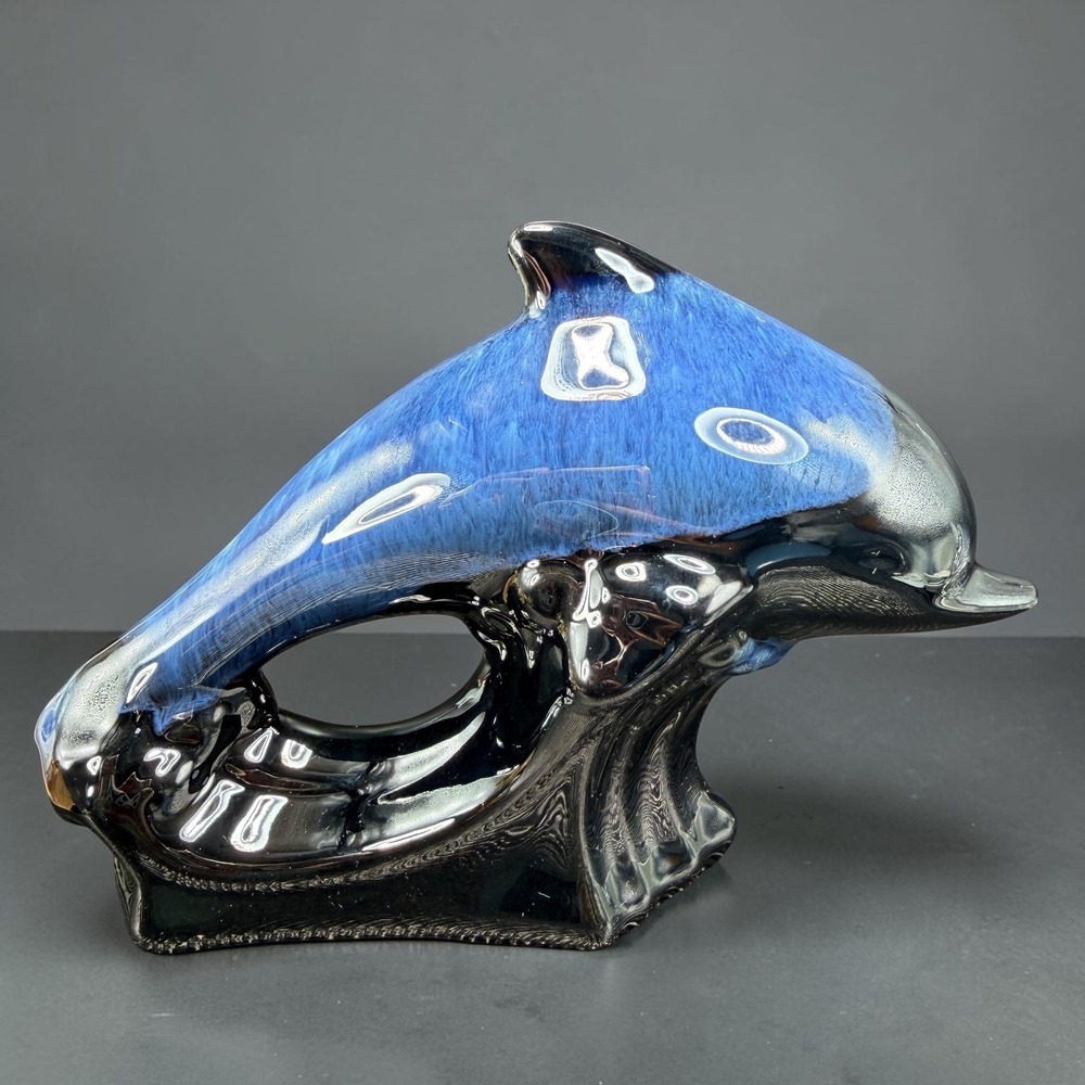 Blue Black Drip Glaze Ceramic Dolphin Figurine Nautical Coastal Decor 7 Inch